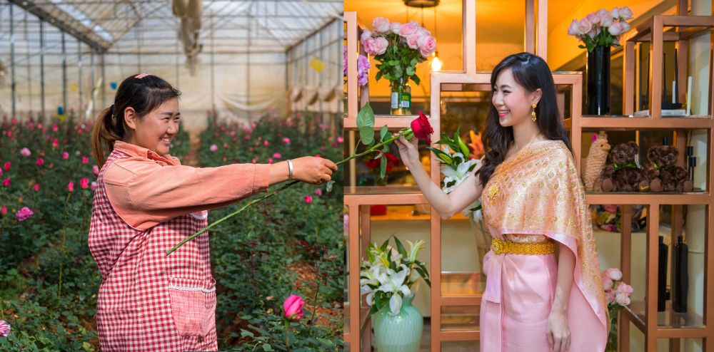2019年2月，泰国曼谷的一位女士（右）“接过”云南花农“递出”的一支鲜花（拼版照片）。